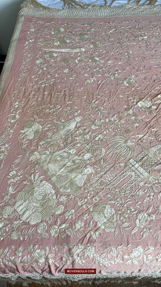 1215 Antique Double Sided Embroidery Manila Manton - Cantonese Embroidery-WOVENSOULS Antique Textiles & Art Gallery