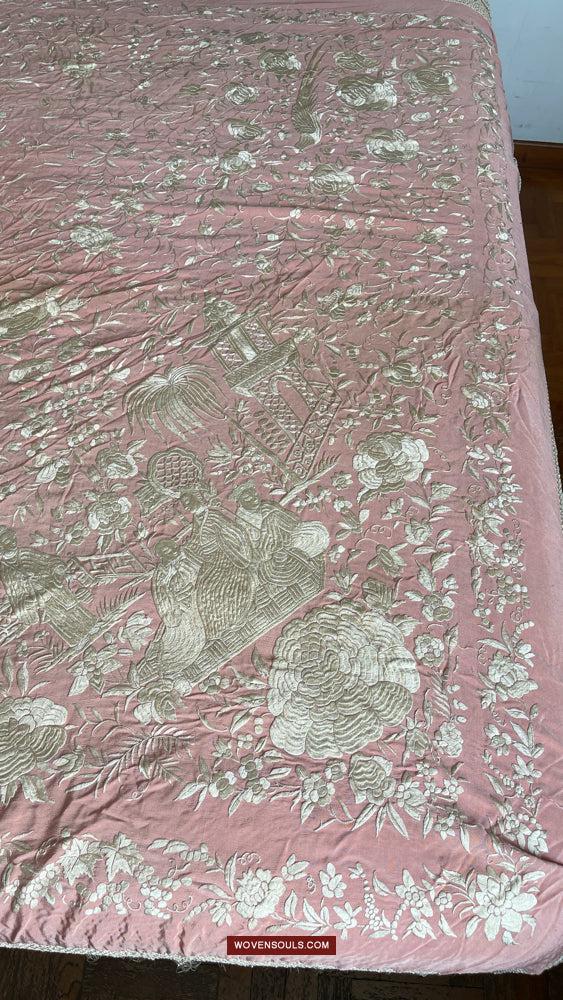 1215 Antique Double Sided Embroidery Manila Manton - Cantonese Embroidery-WOVENSOULS Antique Textiles & Art Gallery