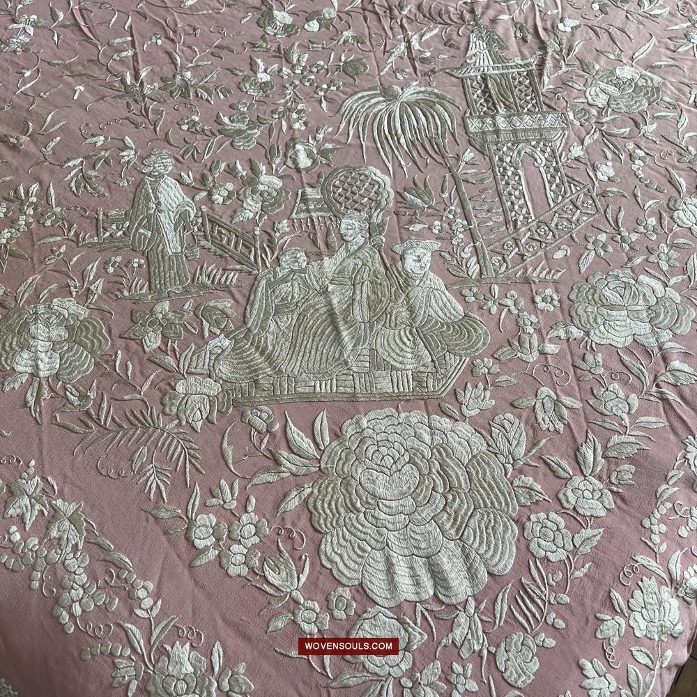 1215 Antique Double Sided Embroidery Manila Manton - Cantonese Embroidery-WOVENSOULS Antique Textiles & Art Gallery