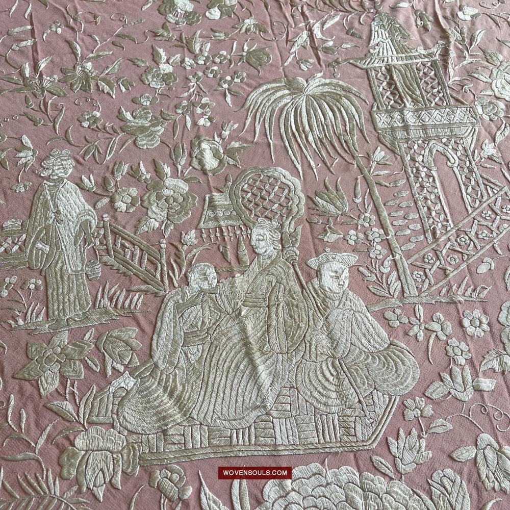 1215 Antique Double Sided Embroidery Manila Manton - Cantonese Embroidery-WOVENSOULS Antique Textiles & Art Gallery
