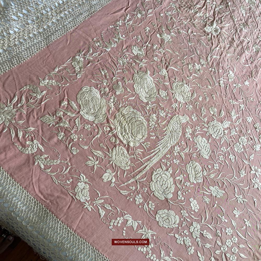 1215 Antique Double Sided Embroidery Manila Manton - Cantonese Embroidery-WOVENSOULS Antique Textiles & Art Gallery