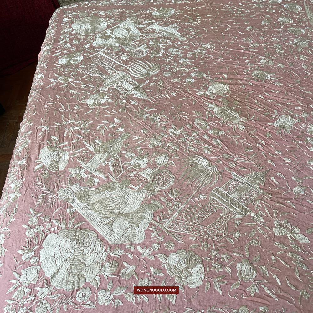 1215 Antique Double Sided Embroidery Manila Manton - Cantonese Embroidery-WOVENSOULS Antique Textiles & Art Gallery