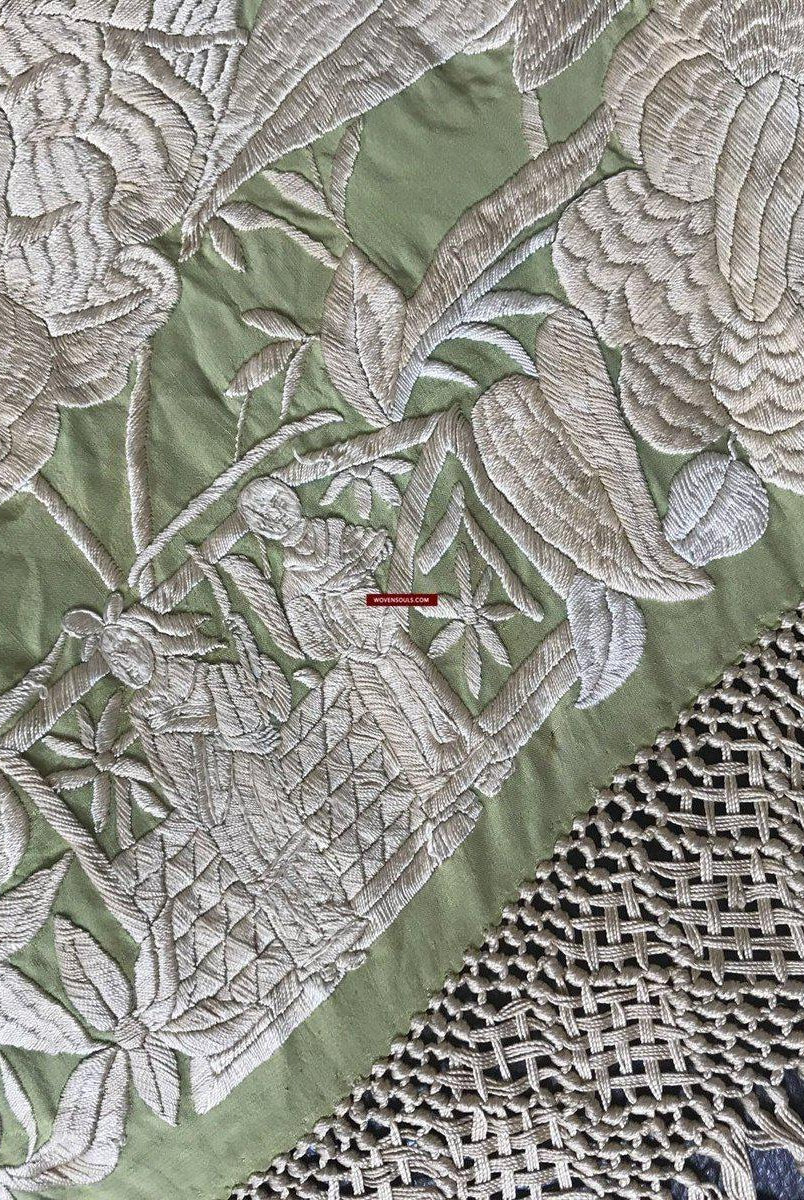1217 Majestätische antike doppelseitige Stickerei Manila Manton – kantonesische Stickerei –WOVENSOULS-Antike-Vintage-Textilien-Kunst-Dekor