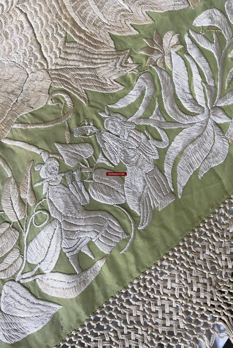 1217 Majestätische antike doppelseitige Stickerei Manila Manton – kantonesische Stickerei –WOVENSOULS-Antike-Vintage-Textilien-Kunst-Dekor