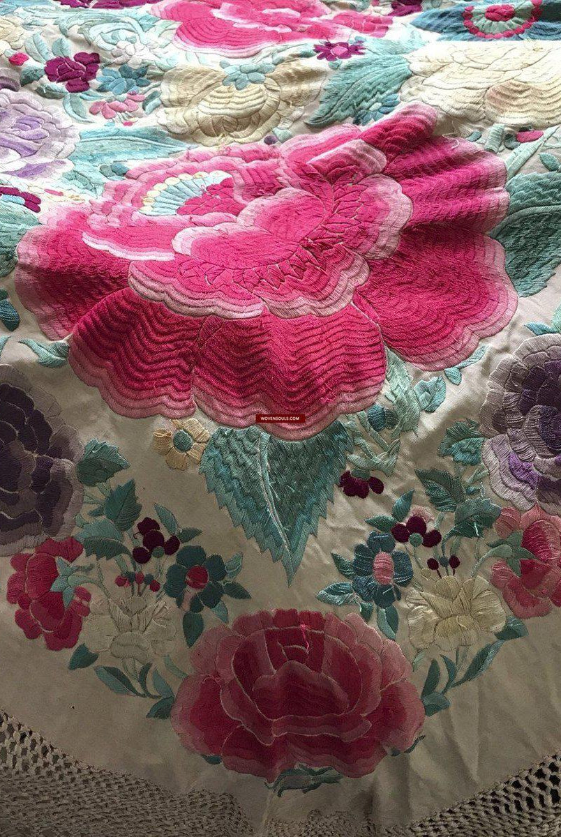 1227 SOLD Antique Double Sided Embroidery Manila Manton - Cantonese Embroidery - SOLD-WOVENSOULS-Antique-Vintage-Textiles-Art-Decor