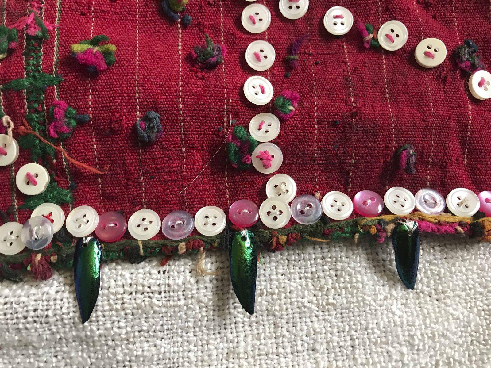 1246 RARE Vintage Karen Hilltribe Priest's Ceremonial Shoulder Cloth with Iridescent Beetle Wings-WOVENSOULS-Antique-Vintage-Textiles-Art-Decor