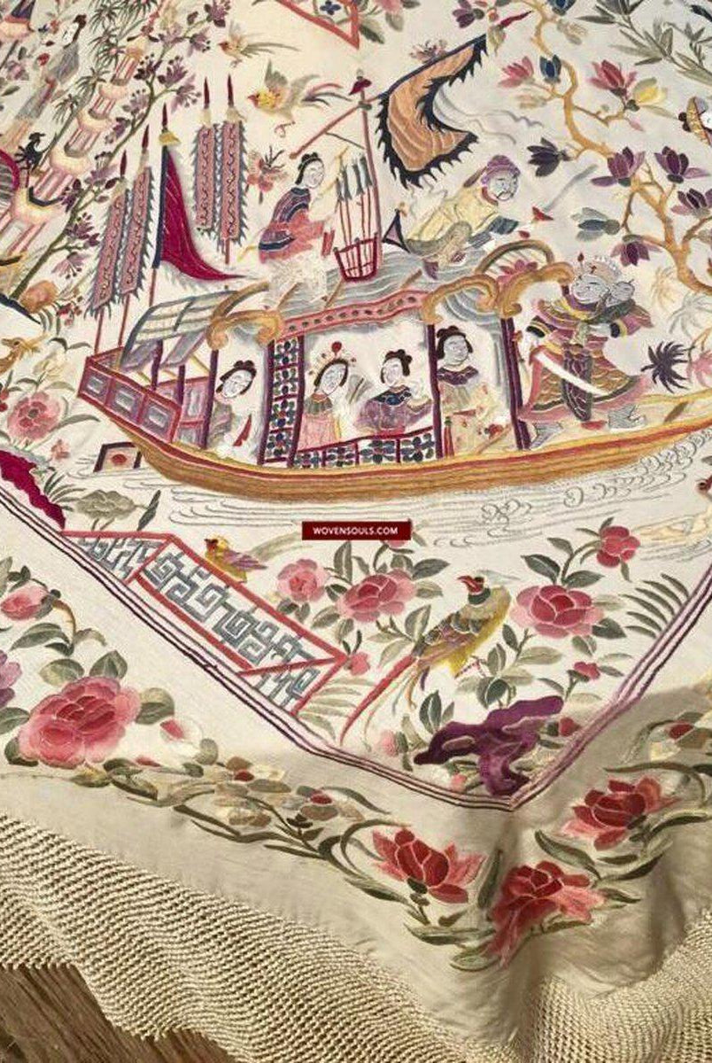 1254 Antique Double Sided Embroidery Manila Manton - Cantonese Embroidery-WOVENSOULS-Antique-Vintage-Textiles-Art-Decor