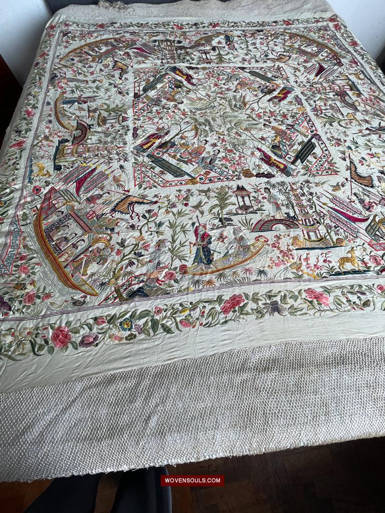 1254 Antique Double Sided Embroidery Manila Manton - Cantonese Embroidery-WOVENSOULS Antique Textiles & Art Gallery