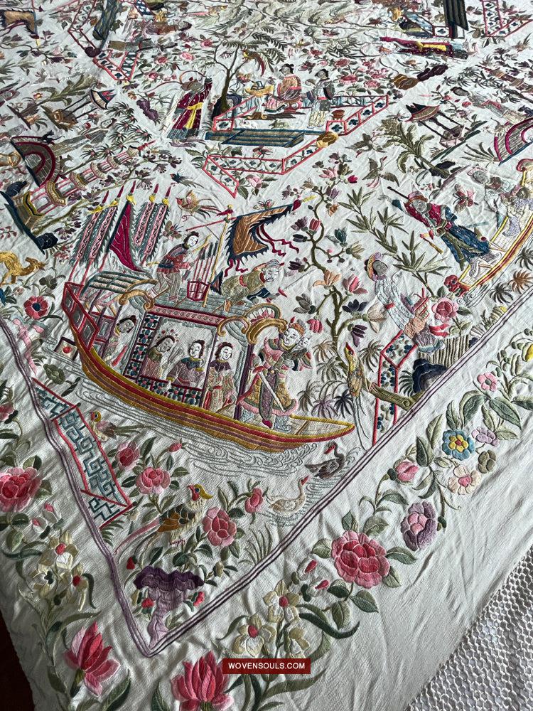 1254 Antique Double Sided Embroidery Manila Manton - Cantonese Embroidery-WOVENSOULS Antique Textiles & Art Gallery