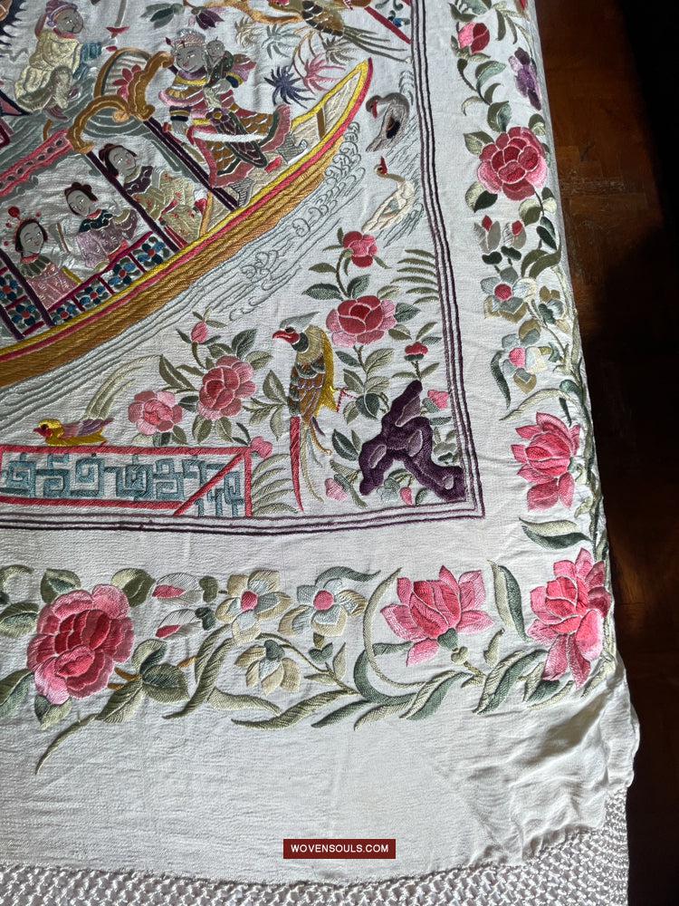 1254 Antique Double Sided Embroidery Manila Manton - Cantonese Embroidery-WOVENSOULS Antique Textiles & Art Gallery