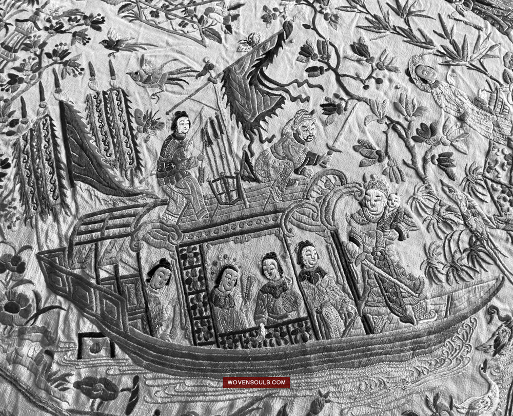 1254 Antique Double Sided Embroidery Manila Manton - Cantonese Embroidery-WOVENSOULS Antique Textiles & Art Gallery