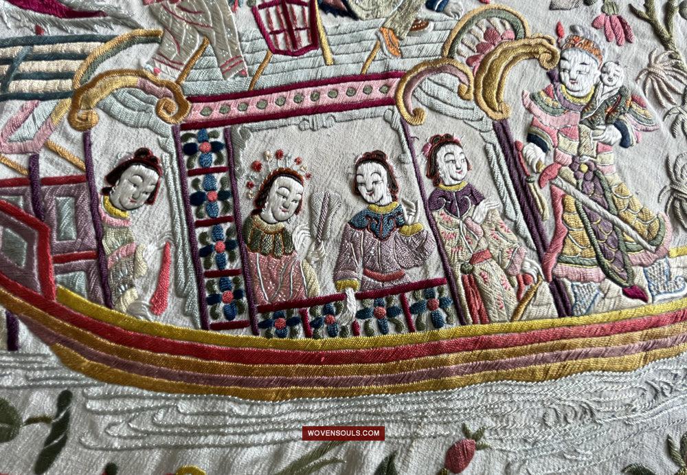1254 Antique Double Sided Embroidery Manila Manton - Cantonese Embroidery-WOVENSOULS Antique Textiles & Art Gallery