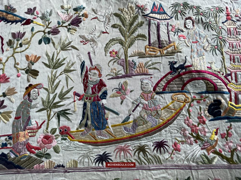 1254 Antique Double Sided Embroidery Manila Manton - Cantonese Embroidery-WOVENSOULS Antique Textiles & Art Gallery