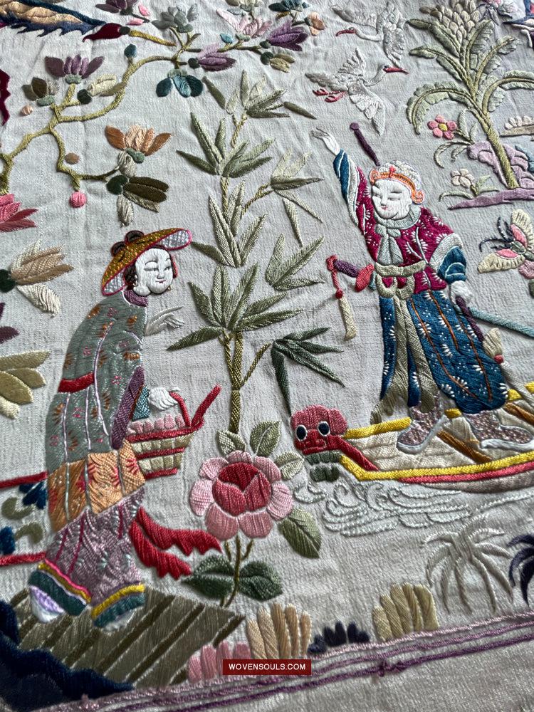 1254 Antique Double Sided Embroidery Manila Manton - Cantonese Embroidery-WOVENSOULS Antique Textiles & Art Gallery