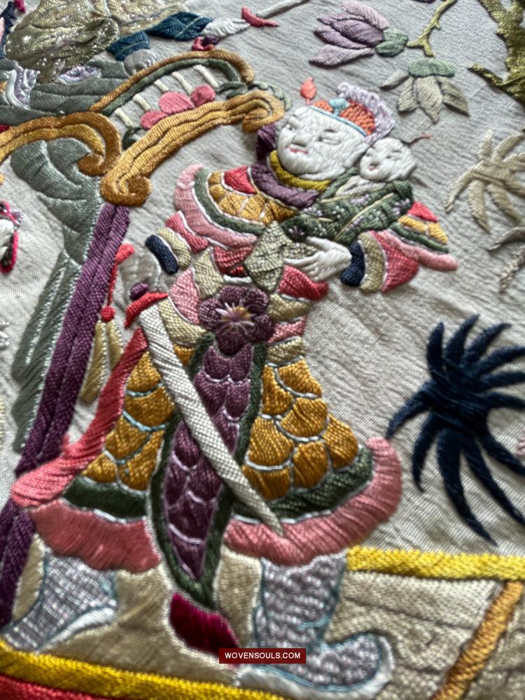1254 Antique Double Sided Embroidery Manila Manton - Cantonese Embroidery-WOVENSOULS Antique Textiles & Art Gallery