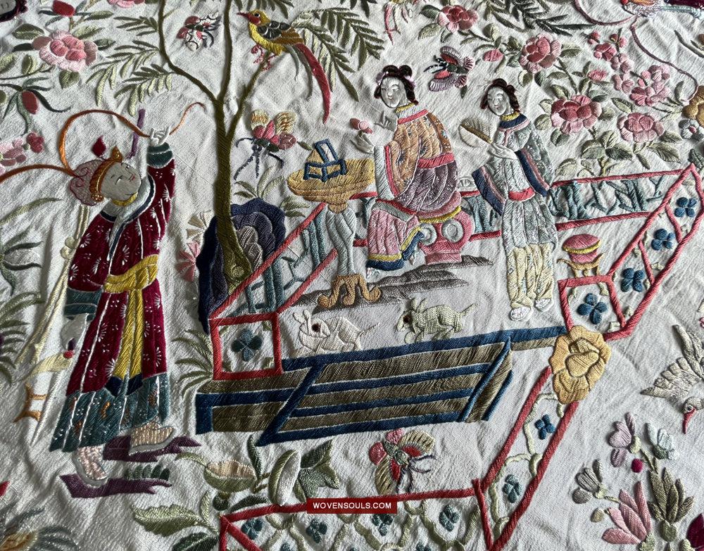 1254 Antique Double Sided Embroidery Manila Manton - Cantonese Embroidery-WOVENSOULS Antique Textiles & Art Gallery