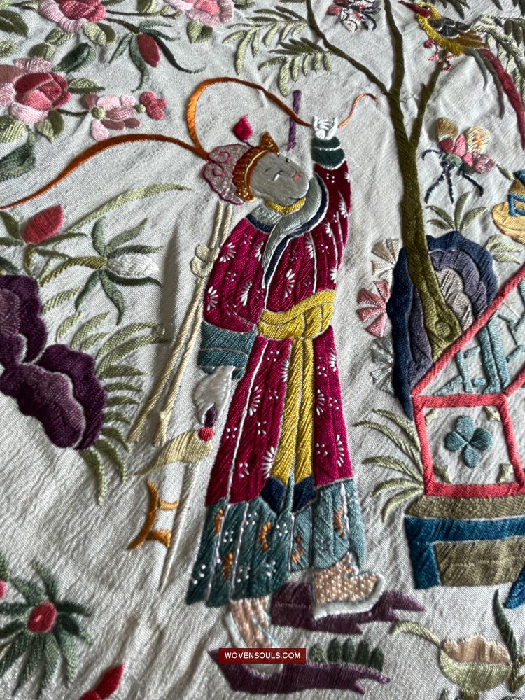 1254 Antique Double Sided Embroidery Manila Manton - Cantonese Embroidery-WOVENSOULS Antique Textiles & Art Gallery