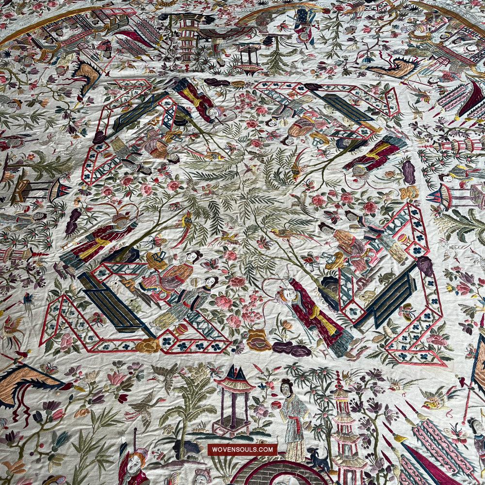 1254 Antique Double Sided Embroidery Manila Manton - Cantonese Embroidery-WOVENSOULS Antique Textiles & Art Gallery