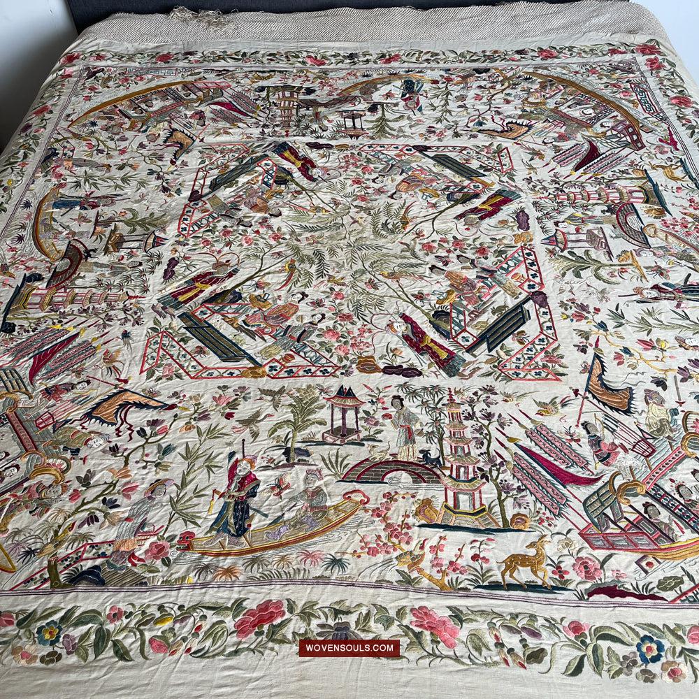 1254 Antique Double Sided Embroidery Manila Manton - Cantonese Embroidery-WOVENSOULS Antique Textiles & Art Gallery