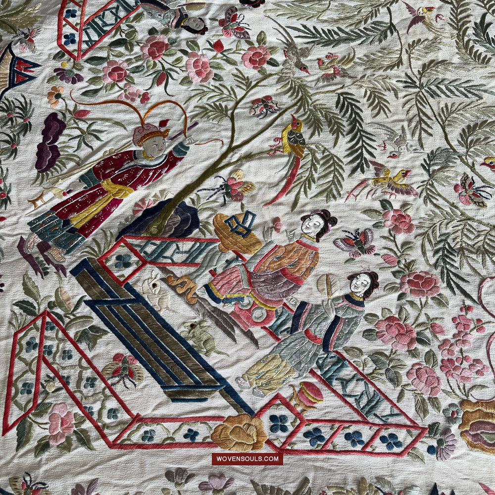 1254 Antique Double Sided Embroidery Manila Manton - Cantonese Embroidery-WOVENSOULS Antique Textiles & Art Gallery