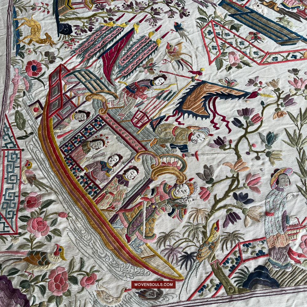 1254 Antique Double Sided Embroidery Manila Manton - Cantonese Embroidery-WOVENSOULS Antique Textiles & Art Gallery