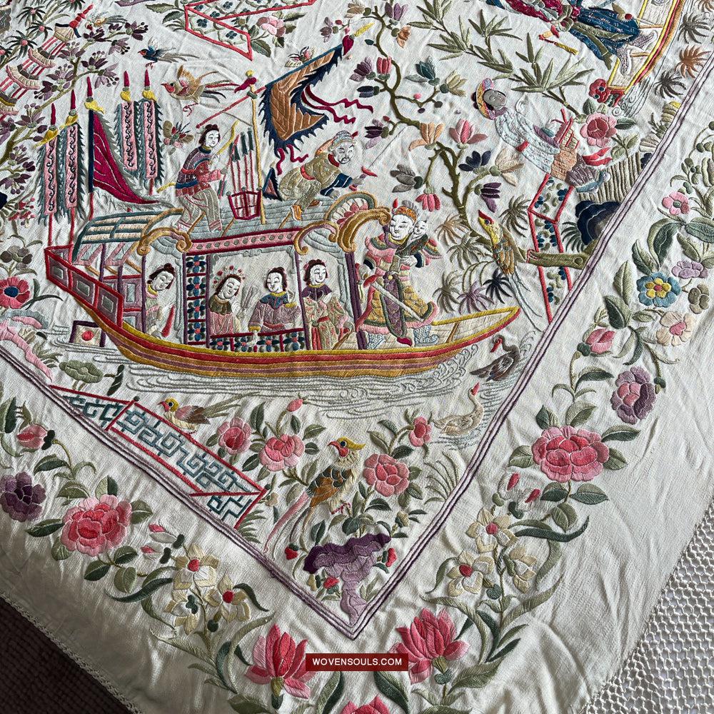 1254 Antique Double Sided Embroidery Manila Manton - Cantonese Embroidery-WOVENSOULS Antique Textiles & Art Gallery