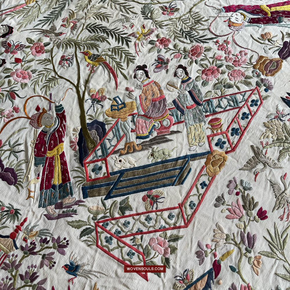 1254 Antique Double Sided Embroidery Manila Manton - Cantonese Embroidery-WOVENSOULS Antique Textiles & Art Gallery