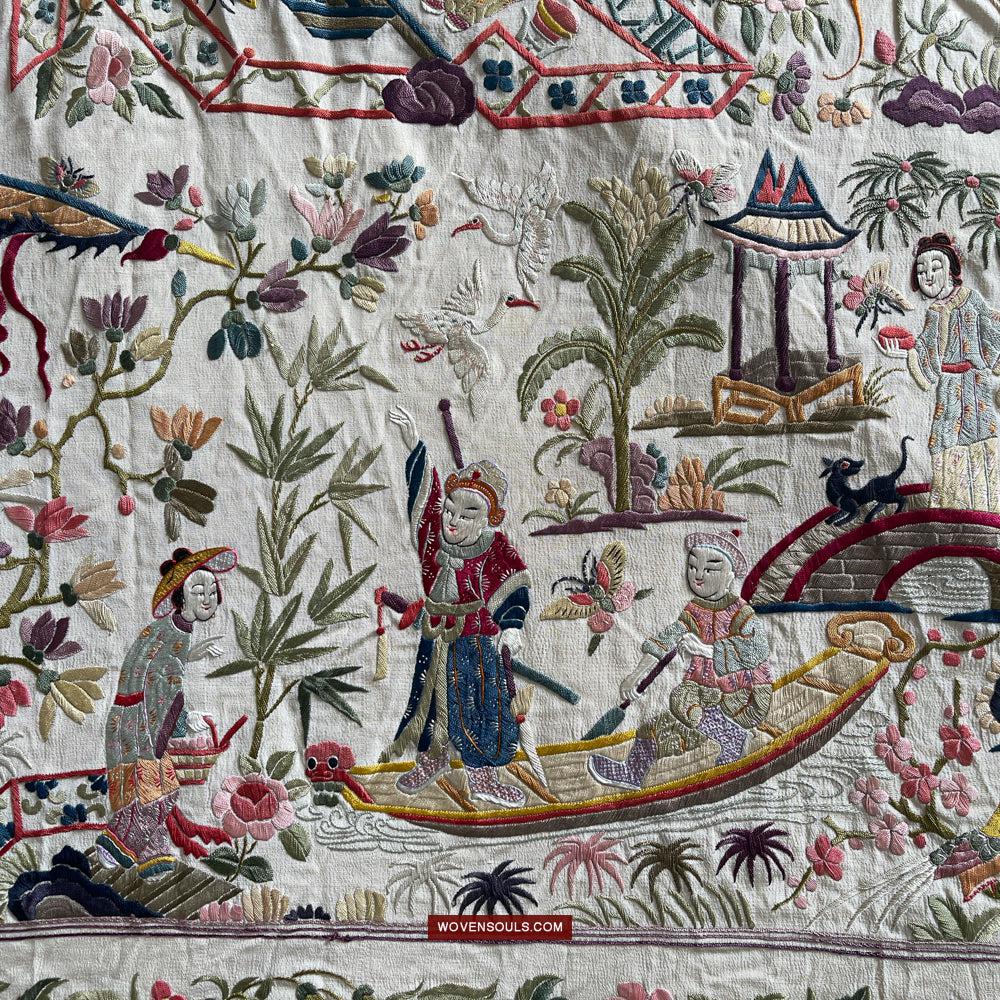 1254 Antique Double Sided Embroidery Manila Manton - Cantonese Embroidery-WOVENSOULS Antique Textiles & Art Gallery
