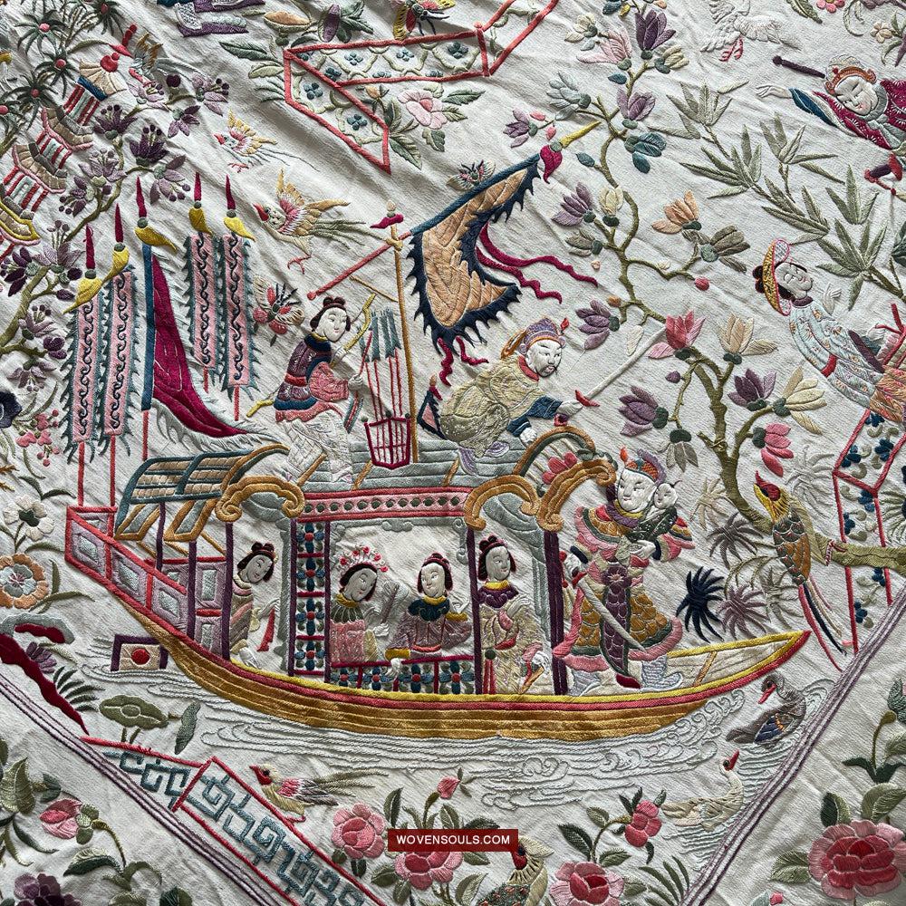 1254 Antique Double Sided Embroidery Manila Manton - Cantonese Embroidery-WOVENSOULS Antique Textiles & Art Gallery