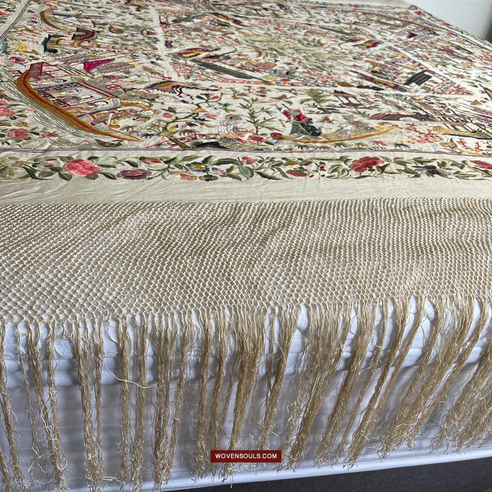 1254 Antique Double Sided Embroidery Manila Manton - Cantonese Embroidery-WOVENSOULS Antique Textiles & Art Gallery