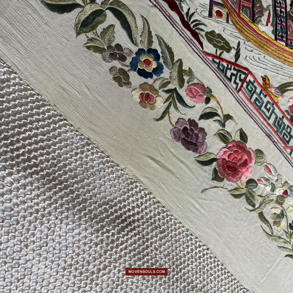 1254 Antique Double Sided Embroidery Manila Manton - Cantonese Embroidery-WOVENSOULS Antique Textiles & Art Gallery