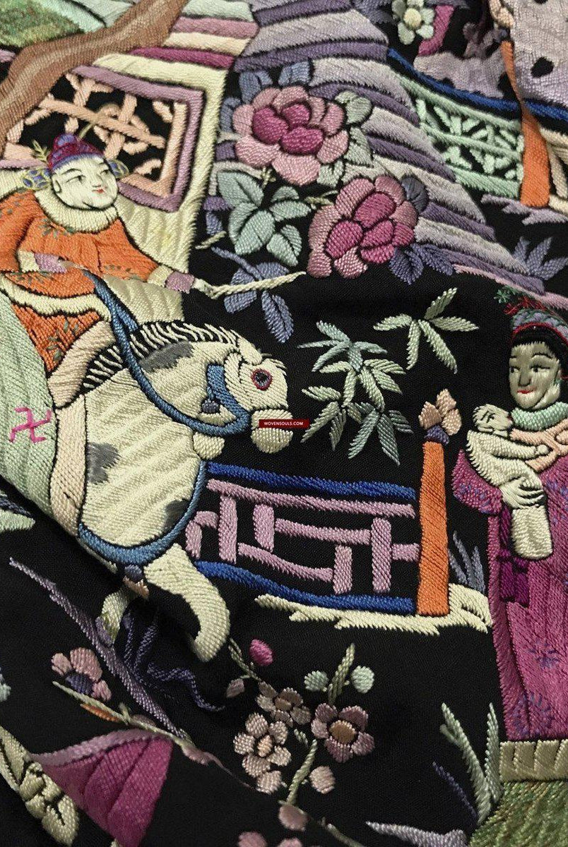1255 Antike doppelseitige Stickerei Manila Manton - Kantonesische Stickerei - Babyszene-WOVENSOULS-Antike-Vintage-Textilien-Kunst-Dekor