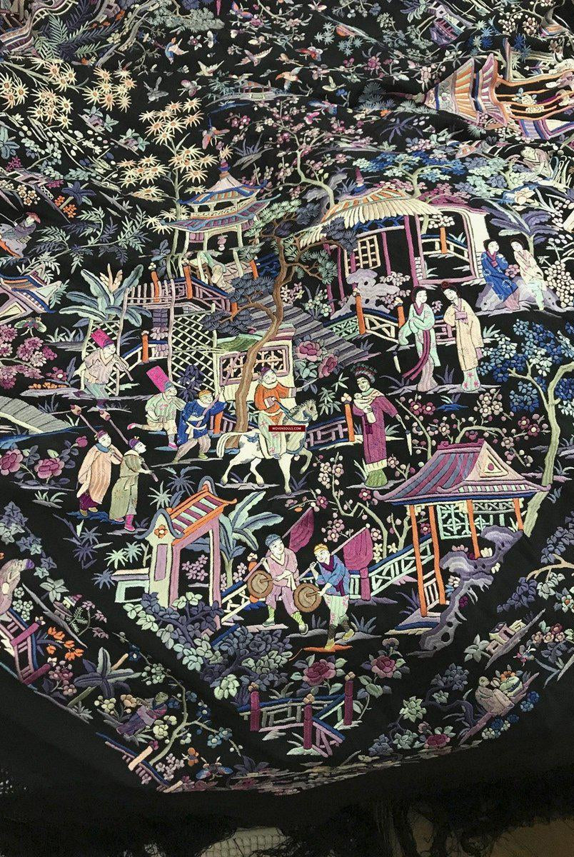 1255 Antique Double Sided Embroidery Manila Manton - Cantonese Embroidery - Baby Scene-WOVENSOULS-Antique-Vintage-Textiles-Art-Decor