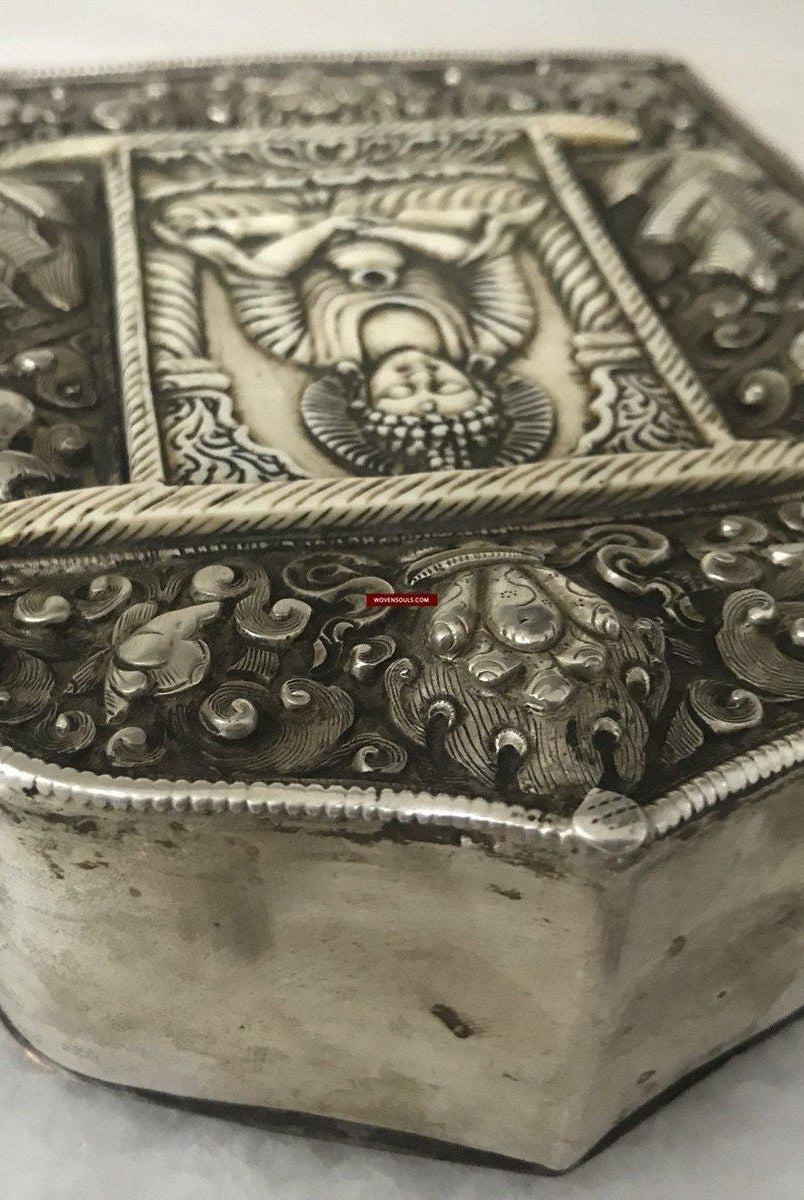 1287 Rare Antique Tibetan Buddhist Silver Ghau with Bone Inlay-WOVENSOULS-Antique-Vintage-Textiles-Art-Decor