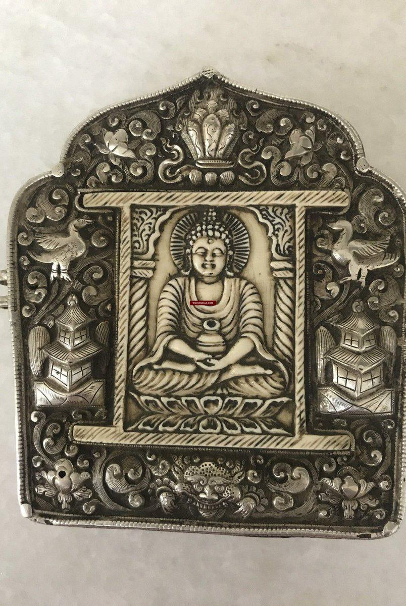 1287 Rare Antique Tibetan Buddhist Silver Ghau with Bone Inlay-WOVENSOULS-Antique-Vintage-Textiles-Art-Decor