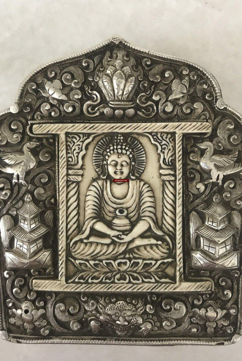1287 Rare Antique Tibetan Buddhist Silver Ghau with Bone Inlay-WOVENSOULS-Antique-Vintage-Textiles-Art-Decor