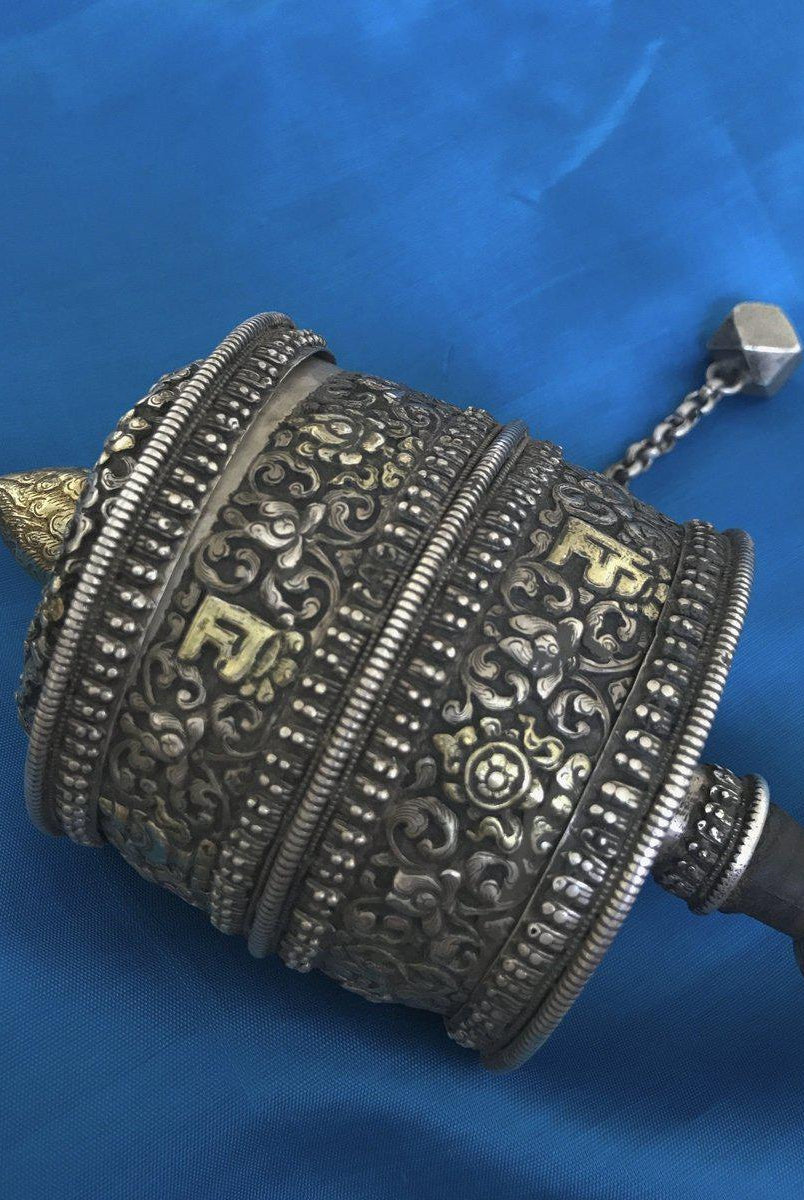 1288 Seltene antike silberne tibetisch-buddhistische Gebetsmühle-WOVENSOULS-Antike-Vintage-Textilien-Kunst-Dekor