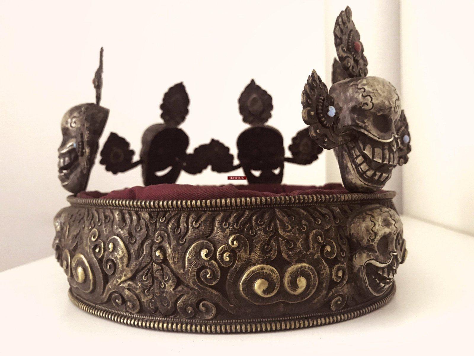 1310 Antique Buddhist Tantric Priest Ceremonial Crown Diadem with Pancha Buddha-WOVENSOULS-Antique-Vintage-Textiles-Art-Decor