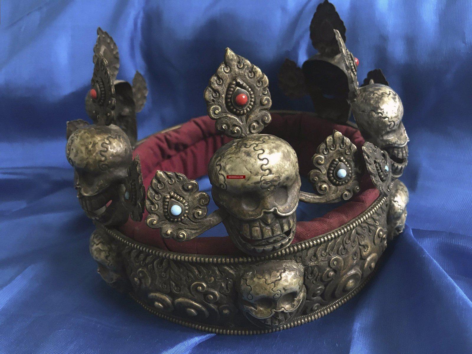 1310 Antique Buddhist Tantric Priest Ceremonial Crown Diadem with Pancha Buddha-WOVENSOULS-Antique-Vintage-Textiles-Art-Decor