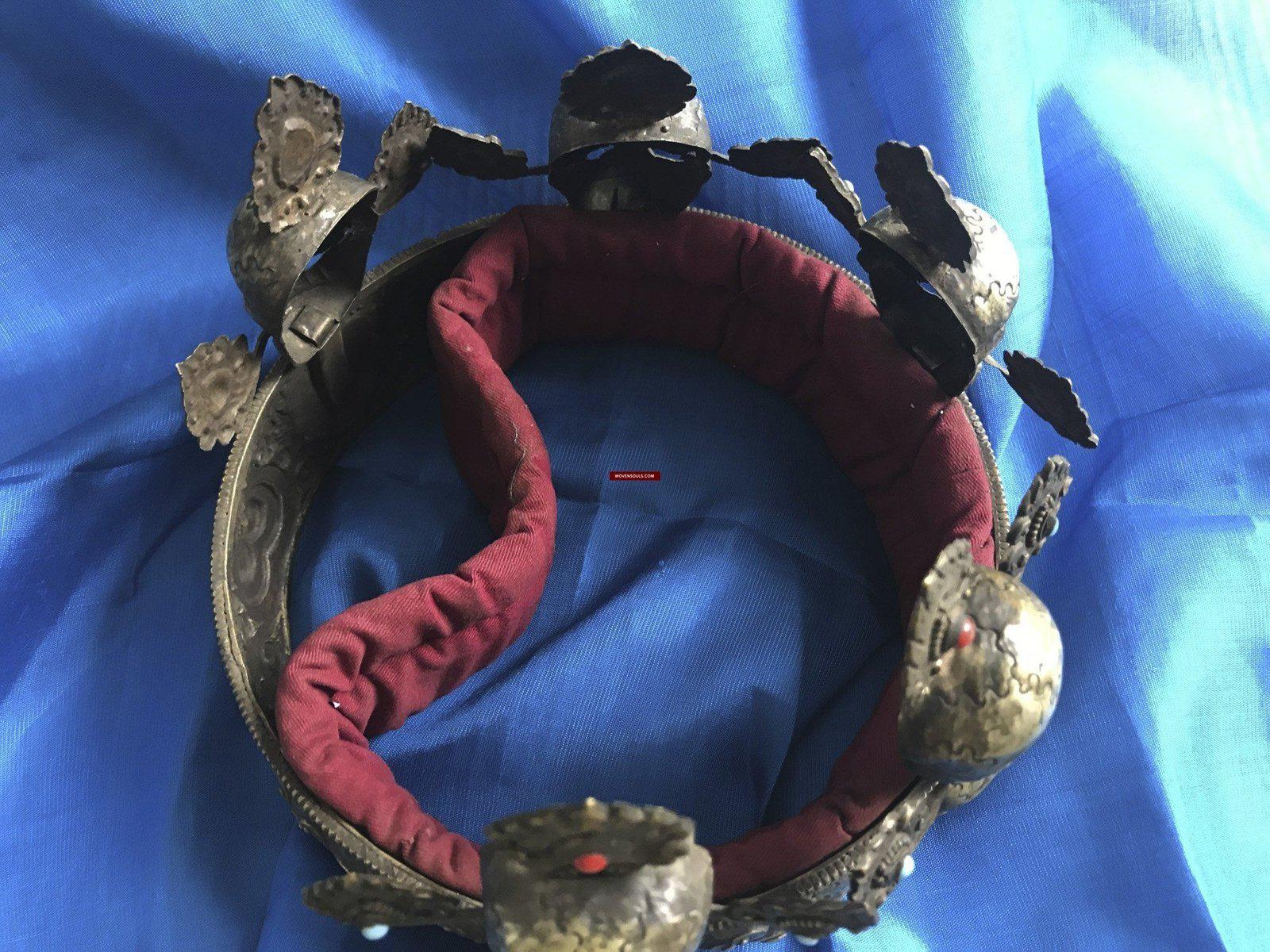 1310 Antique Buddhist Tantric Priest Ceremonial Crown Diadem with Pancha Buddha-WOVENSOULS-Antique-Vintage-Textiles-Art-Decor