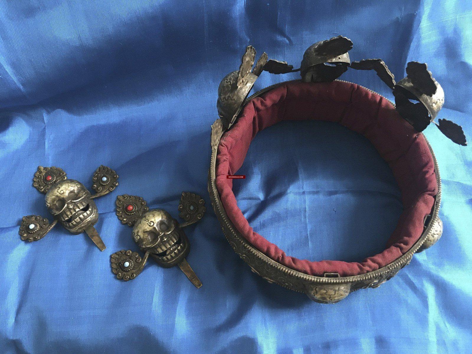 1310 Antique Buddhist Tantric Priest Ceremonial Crown Diadem with Pancha Buddha-WOVENSOULS-Antique-Vintage-Textiles-Art-Decor