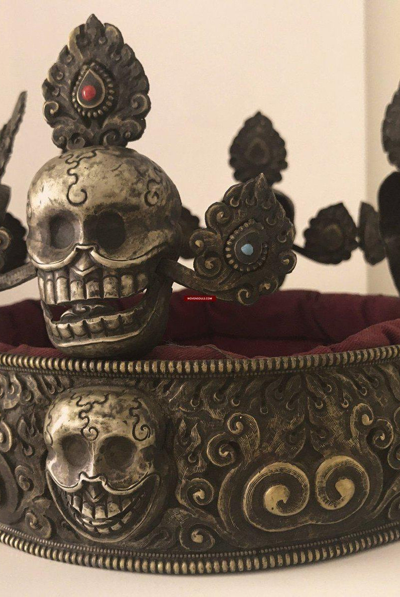 1310 Antique Buddhist Tantric Priest Ceremonial Crown Diadem with Pancha Buddha-WOVENSOULS-Antique-Vintage-Textiles-Art-Decor