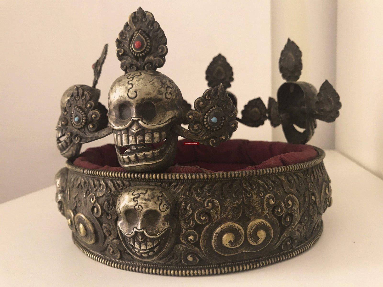 1310 Antique Buddhist Tantric Priest Ceremonial Crown Diadem with Pancha Buddha-WOVENSOULS-Antique-Vintage-Textiles-Art-Decor