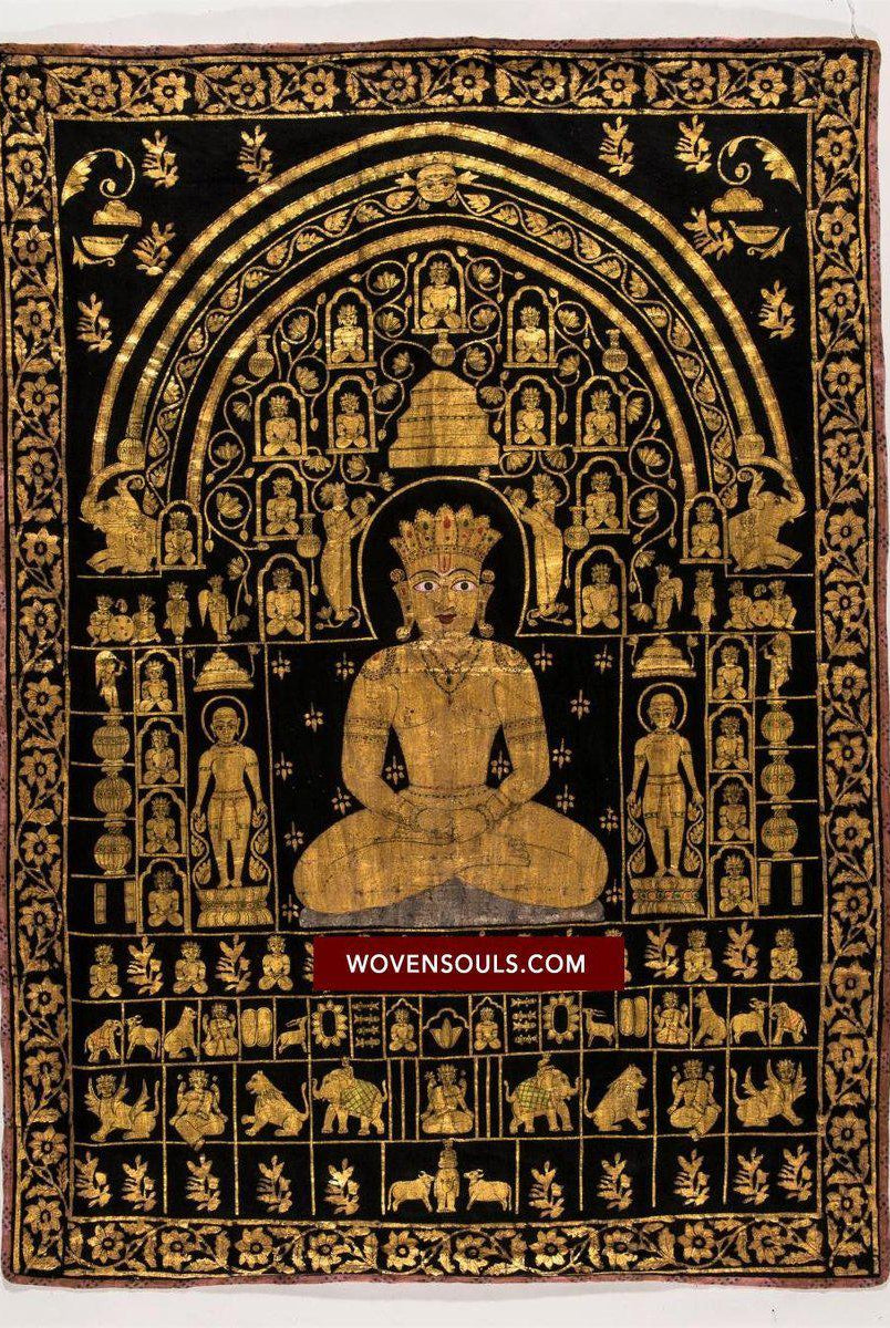 1370 SOLD Old Jain Pichvai Gold Warak Painting Art Masterpiece - Lord Mahavir-WOVENSOULS-Antique-Vintage-Textiles-Art-Decor