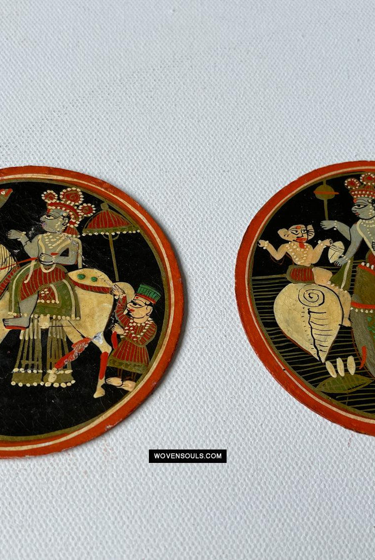 1384-A ONE Large Antique Lacquered Ganjifa Playing Cards - Premium Face Court Card-WOVENSOULS Antique Textiles & Art Gallery