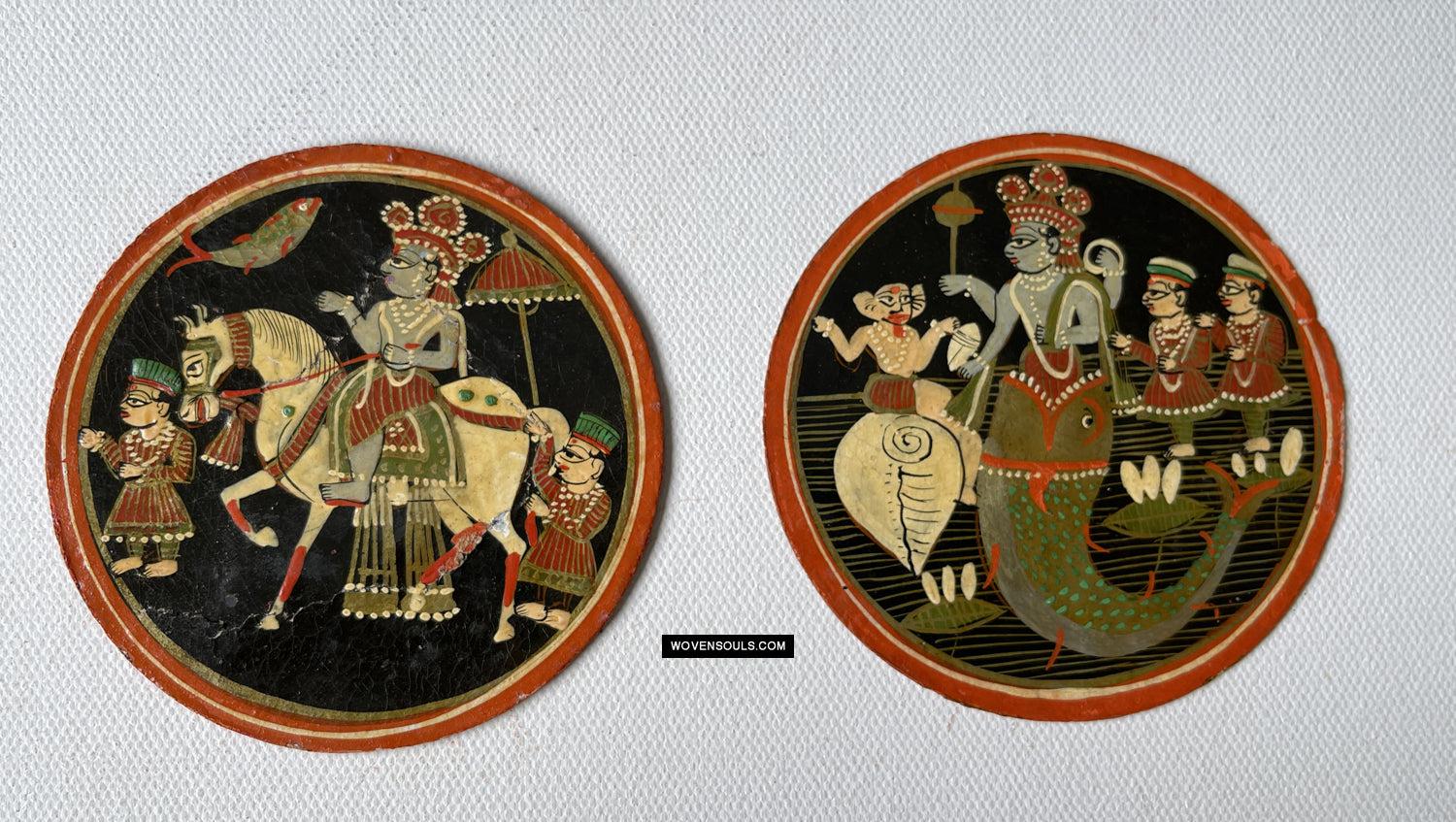 1384-A ONE Large Antique Lacquered Ganjifa Playing Cards - Premium Face Court Card-WOVENSOULS Antique Textiles & Art Gallery