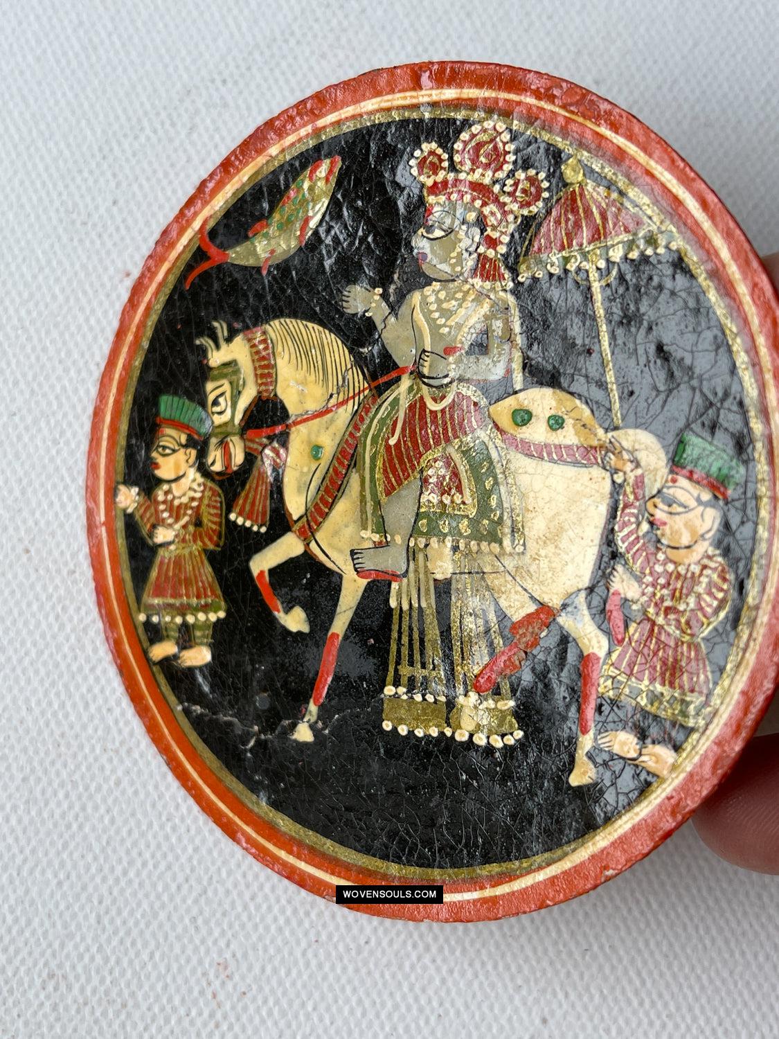 1384-A ONE Large Antique Lacquered Ganjifa Playing Cards - Premium Face Court Card-WOVENSOULS Antique Textiles & Art Gallery