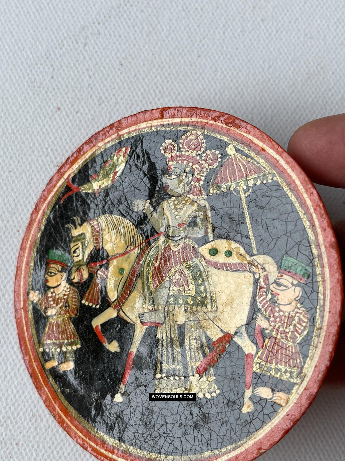 1384-A ONE Large Antique Lacquered Ganjifa Playing Cards - Premium Face Court Card-WOVENSOULS Antique Textiles & Art Gallery