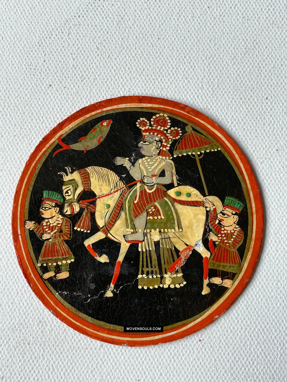 1384-A ONE Large Antique Lacquered Ganjifa Playing Cards - Premium Face Court Card-WOVENSOULS Antique Textiles & Art Gallery