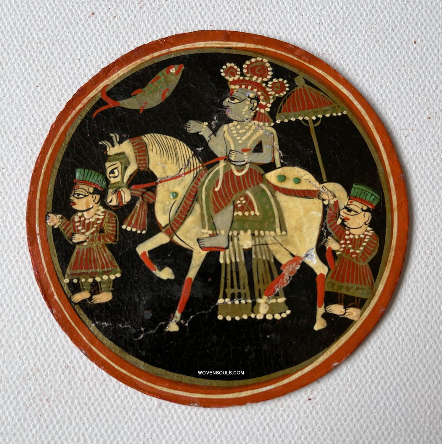 1384-A ONE Large Antique Lacquered Ganjifa Playing Cards - Premium Face Court Card-WOVENSOULS Antique Textiles & Art Gallery